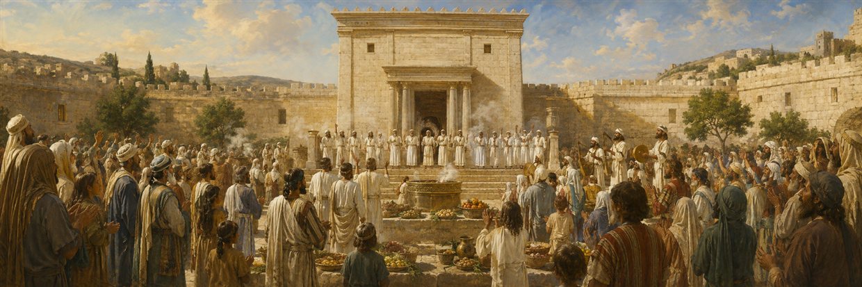 Priests and returned families dedicate the completed Jerusalem temple and celebrate Passover together